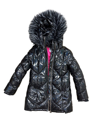 Appaman Black Shiny Long Winter Coat with Hot Pink Lining, Fur Hood , 8 years
