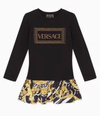 Versace Combination Fabric Dress with Rhinestone Logo and Classic Pattern Skirt, 10 years