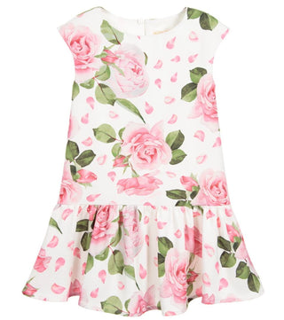 Monnalisa White and Pink Floral Drop Waist Dress, XS Women