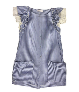 Monnalisa Pinstripe Blue Romper with Buttons, Pockets and Ruffle Sleeves, 10 years