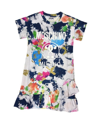 Moschino Abstract Pattern and Logo Ruffle T-Shirt Dress, 10 years