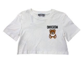Moschino Cropped White Tee with Logo and Bear Embroidery - New With Tags, 38 EU