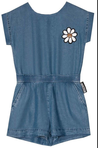 Moschino Denim Romper with Bear Flower Patch , 10 years