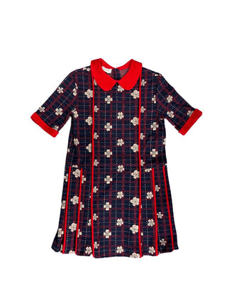 Gucci Navy Dress with Knit Florals and Red Piping, 10 years