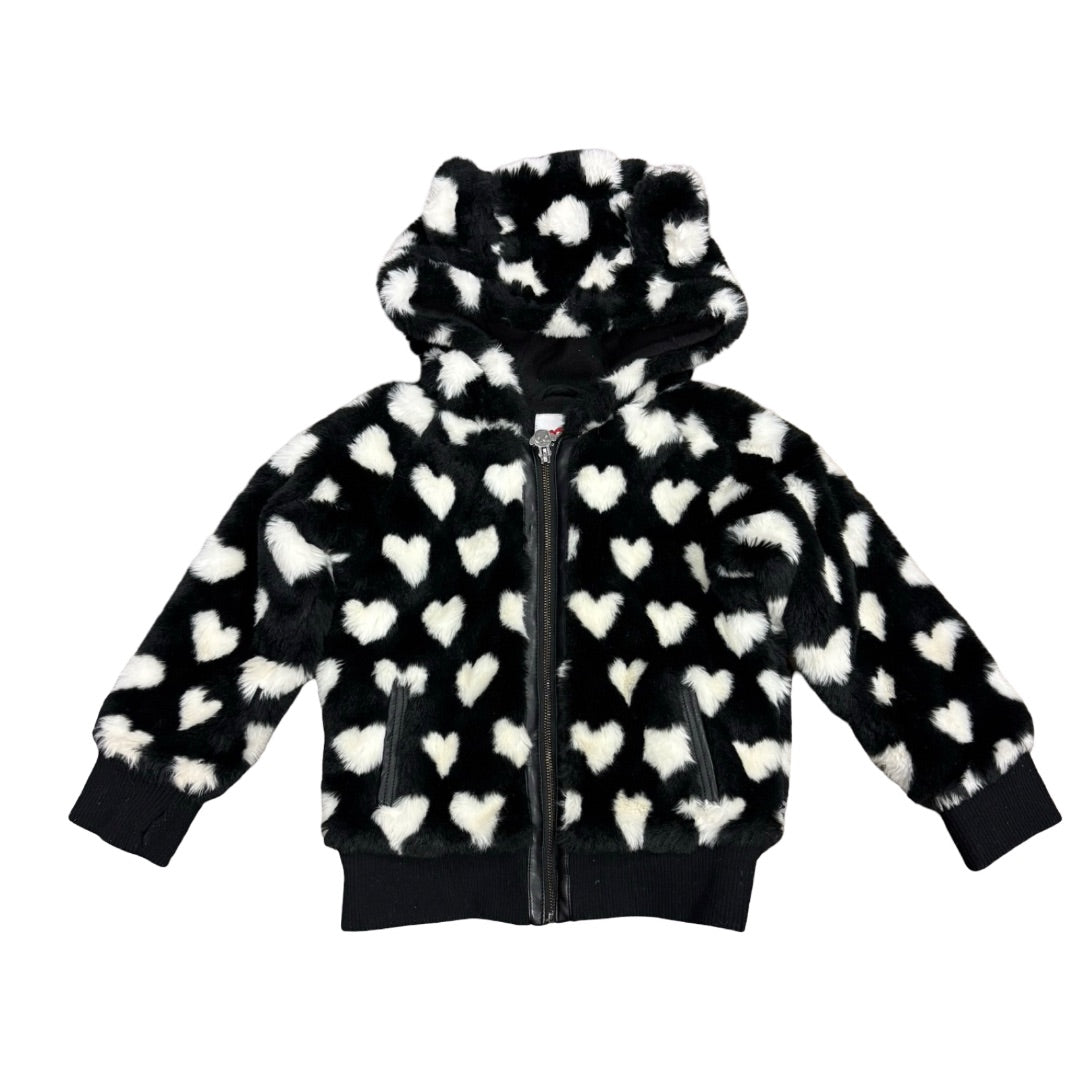 Appaman Black w/white hearts faux fur coat, 10 years