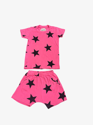 Nununu Hot pink short/top set with black stars, 2-3