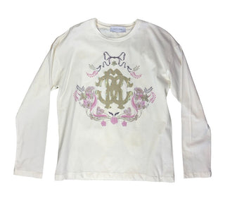 Roberto Cavalli Longsleeve White Tee with Logo and Graphics, Youth Large