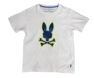 Psycho Bunny White Tee with Blue and Neon Yellow Graphic Logo - Light Mark, Reflected in Price, 10-12 years