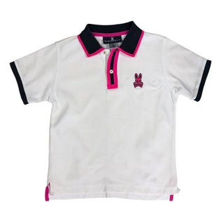 Psycho Bunny White Polo Tee with Hot Pink and Black - Light Staining, Reflected in Price, Youth Medium