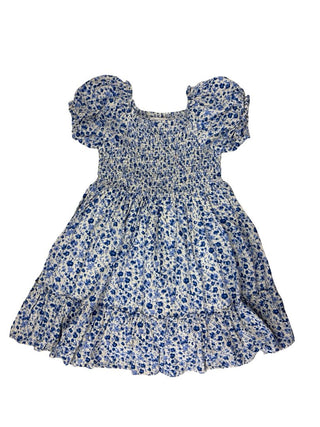 Vignette White and Blue Floral Tiered Dress with Smocking, 4 years