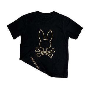 Psycho Bunny Black Tee with Gold Raised Logo on Front, Writing on Back, 10-12 years