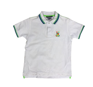 Psycho Bunny White Polo with Multicolour Stripes and Logo - Light Staining, Reflected in Price, 7-8 years