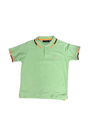 Psycho Bunny Green Polo Shirt with Logo and Orange, Black and White Stripe Details, 10-12 years