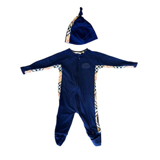 Burberry Navy w/check side detail sleeper/playsuit & hat, 9 months