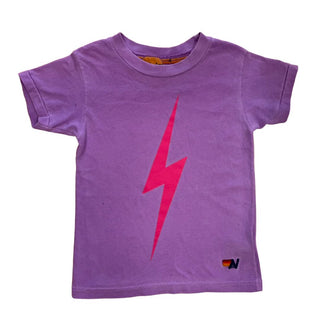 Aviator Nation purple tshirt with pink lightning bolt, 4 years