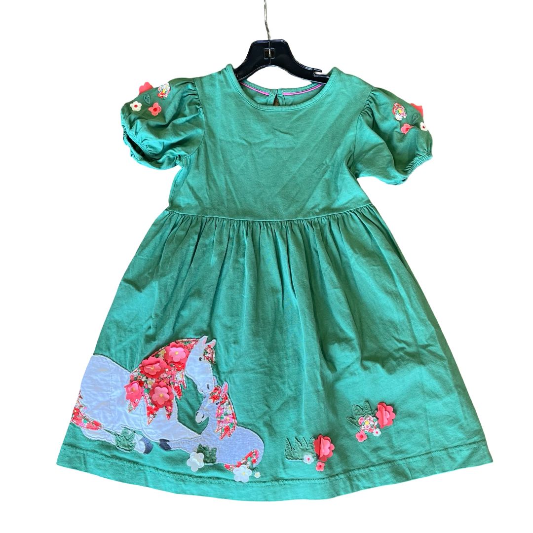 Mini Boden green w/horse dress, 5-6 years