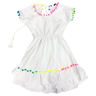 Peixoto White coverup w/rainbow Pom poms, Youth medium