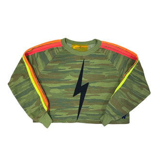 Aviator Nation Camp Bolt stitched stripe cropped crewneck w/neon stripes, Women’s medium