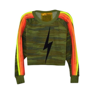 Aviator Nation Camp Bolt stitched stripe cropped crewneck w/neon stripes, Women’s medium