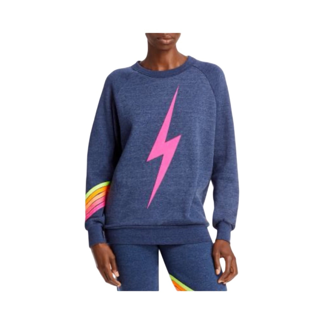 Aviator Nation Heather navy bolt stripe crewneck w/pink bolt and multi-colour chevron stripes, Women’s small