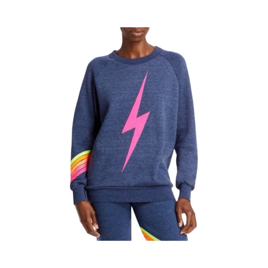 Aviator Nation Heather navy bolt stripe crewneck w/pink bolt and multi-colour chevron stripes, Women’s small