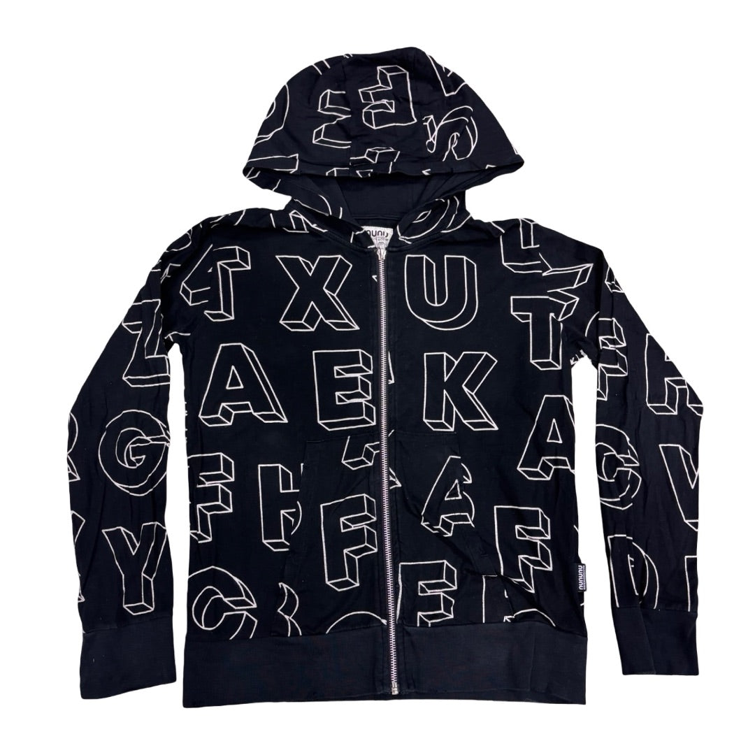 Nununu Black w/white letters lightweight fill zip hoodie, 10-11 years