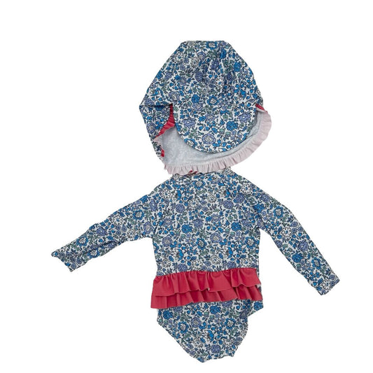 Bonverano blue floral swim suit w/hat, small