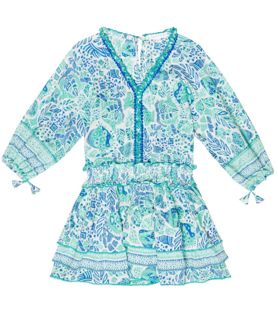 Poupette St Barth Aerial printed dress in blue, 8-10 years