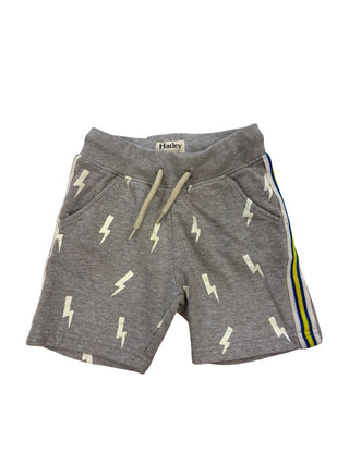 Hatley grey shorts w/lightning bolts + blue&yellow stripe, 2 years