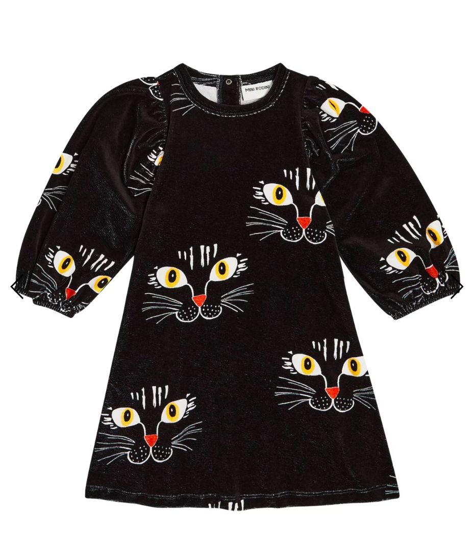 Mini Rodini black cotton velour cat face dress, 7-9 years