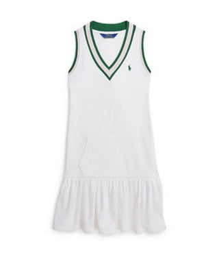 Ralph Lauren Cricket Stripe cotton terry dress in white w green and pink trim, 8-10 years