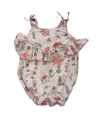 Mud Pie Pink Romper with Circus Print and Ruffle Details, 6-9 months