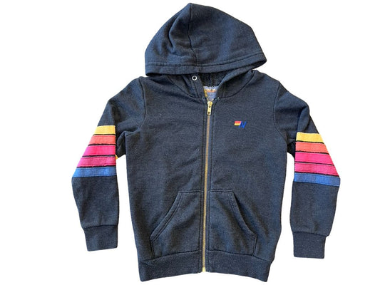 Aviator Nation black w.rainbow stripes Brooklyn sweatshirt, 6 years