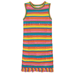Stella McCartney Rainbow Striped Crochet Dress with a Fringed Hem, 10 years
