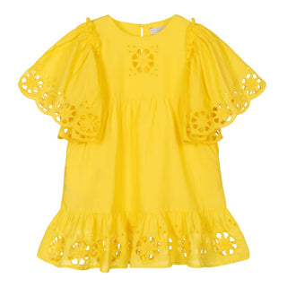 Stella McCartney Bright Yellow Organic Cotton Dress with Flutter Sleeves and Intricate Cutwork Openwork Details, 10 years