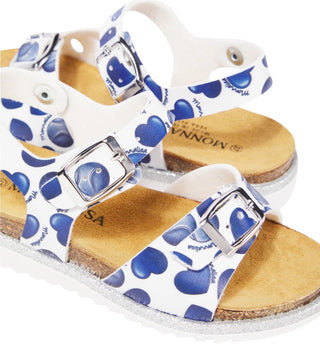 Monnalisa St. Cuori Faux Leather Sandals in White Ft. Blue Heart Print with Adjustable Buckle Straps, 31 eu