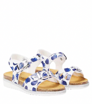 Monnalisa St. Cuori Faux Leather Sandals in White Ft. Blue Heart Print with Adjustable Buckle Straps, 31 eu