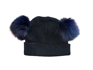 Black and Navy Rib Knit Pompom Hat, O/S