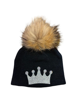 Crown Rhinestone Pompom Black Hat, Baby O/S