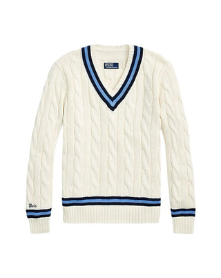 Ralph Lauren White with Blue Hems Knitted V-Neck Sweater, 10-12 years