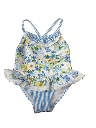 Mayoral Blue and Pinstripe Floral Ruffle Bathing Suit, 6 months