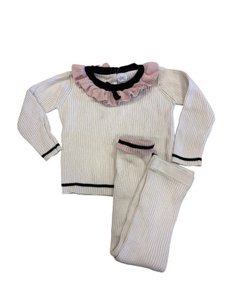 Tun Tun Cream Ribbed Knit with Pink Collar and Pant Set, 2-3 years with spots