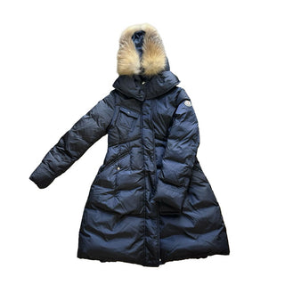 Moncler Navy Long Down Coat with Fur Hood and Neck Flap, 12 years