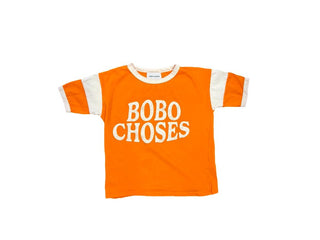 Bobo Choses Orange Tee with Stripe Sleeves and Graphic, 6-7 years
