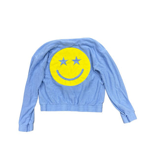 Chaser Periwinkle Cropped Sweater with Yellow Smiley Face on Back, 7 years