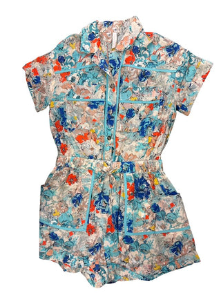 Zimmerman Blue and Floral Patterned Romper with Pockets, 6 years