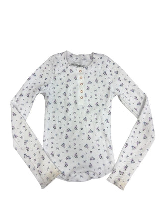 Katie J White Waffle Knit Purple Floral Pattern Longsleeve Tee, medium