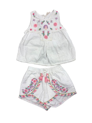 Louise Misha White Cotton Shorts and Tank Set with Flower Embroidery and Tassels, 4 years