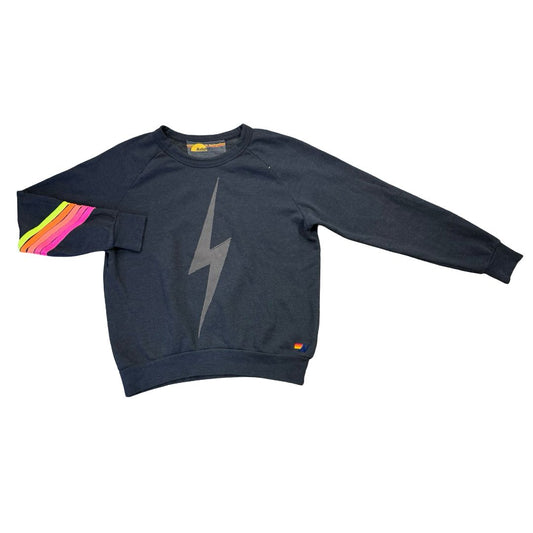 Aviator Nation Black Crewneck Sweater with Grey Lightning Bolt on Chest and Neon Arm Stripes, small