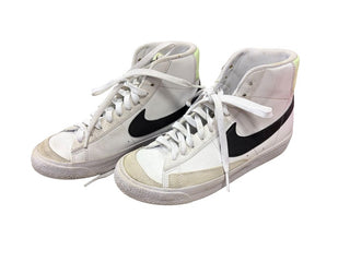 Nike White High Top Sneakers with Black Check and Green Heel Details, 5 big kid
